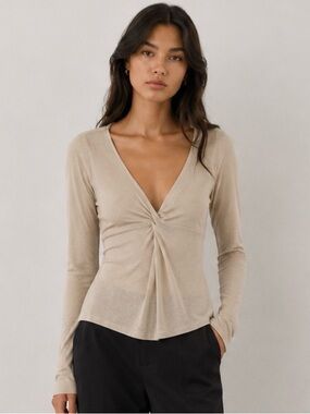 Babaton Beige Twist-Front Long Sleeve Top